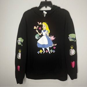 Disney Alice In Wonderland Hoodie Sweatshirt Women XL Black Embroidered Patches